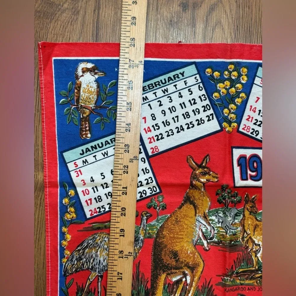 Vintage Red Calendar Tea Towel 1982 Australia Cotton 28”x17.5” Kangaroo Birds